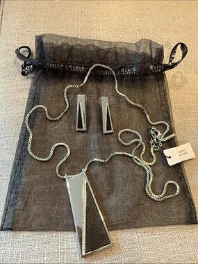 White House Black Market Silver & Black LeatherGeometric Necklace & Earring Set